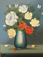 Blumenölgemälde, Rosen in Vase, Vintage Wandkunst