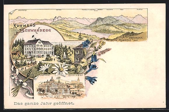 Cartoline postali: Litho Menzingen, Kurhaus Schwandegg, Ins – Usato da Berlin venduto da bartko-reher