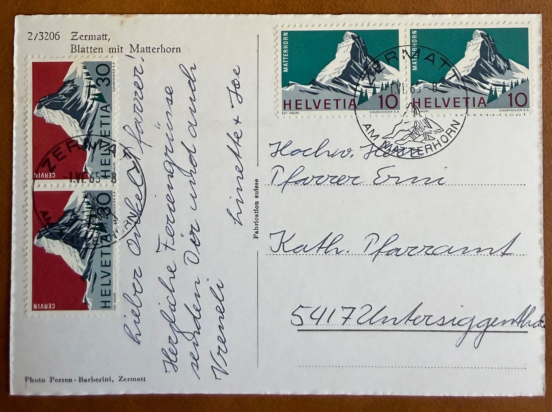 Ansichtskarten: Zermatt - Chapelle de Blatten & Cervin 1965 – Gebraucht aus Lutry von Ediego 1