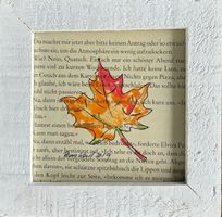 Bild mit Herbstblatt auf Buchseite und weissem Rahmen