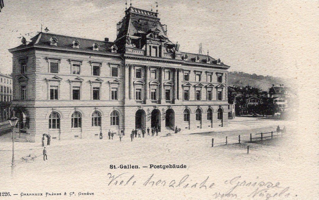 Cartoline postali: St. Gallen alte Post 1903. Rechts Gaiserbahn. – Usato da St. Gallen venduto da Epu