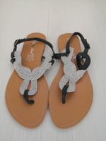 🤩SILBER SANDALEN AUS LEDER SCHWARZ & SILBER-SCHNUR, NEU
