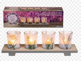 NEU > Holz-Tablett mit 4 Glas-Teelichter mit Blumendruck