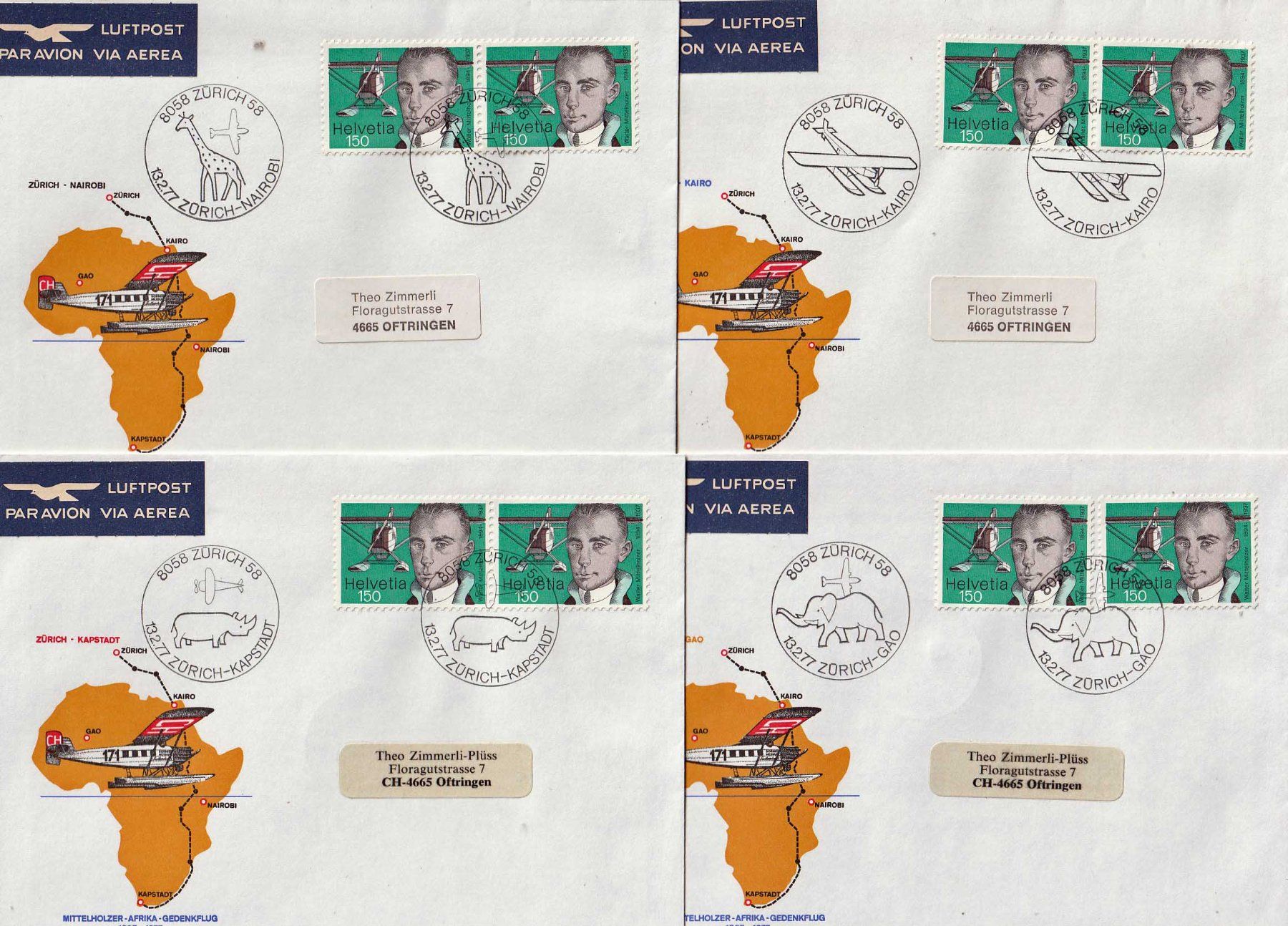 Tutti i francobolli: 1977 4 Briefe Afrika-Flug – Usato da Arlesheim venduto da gaugi43