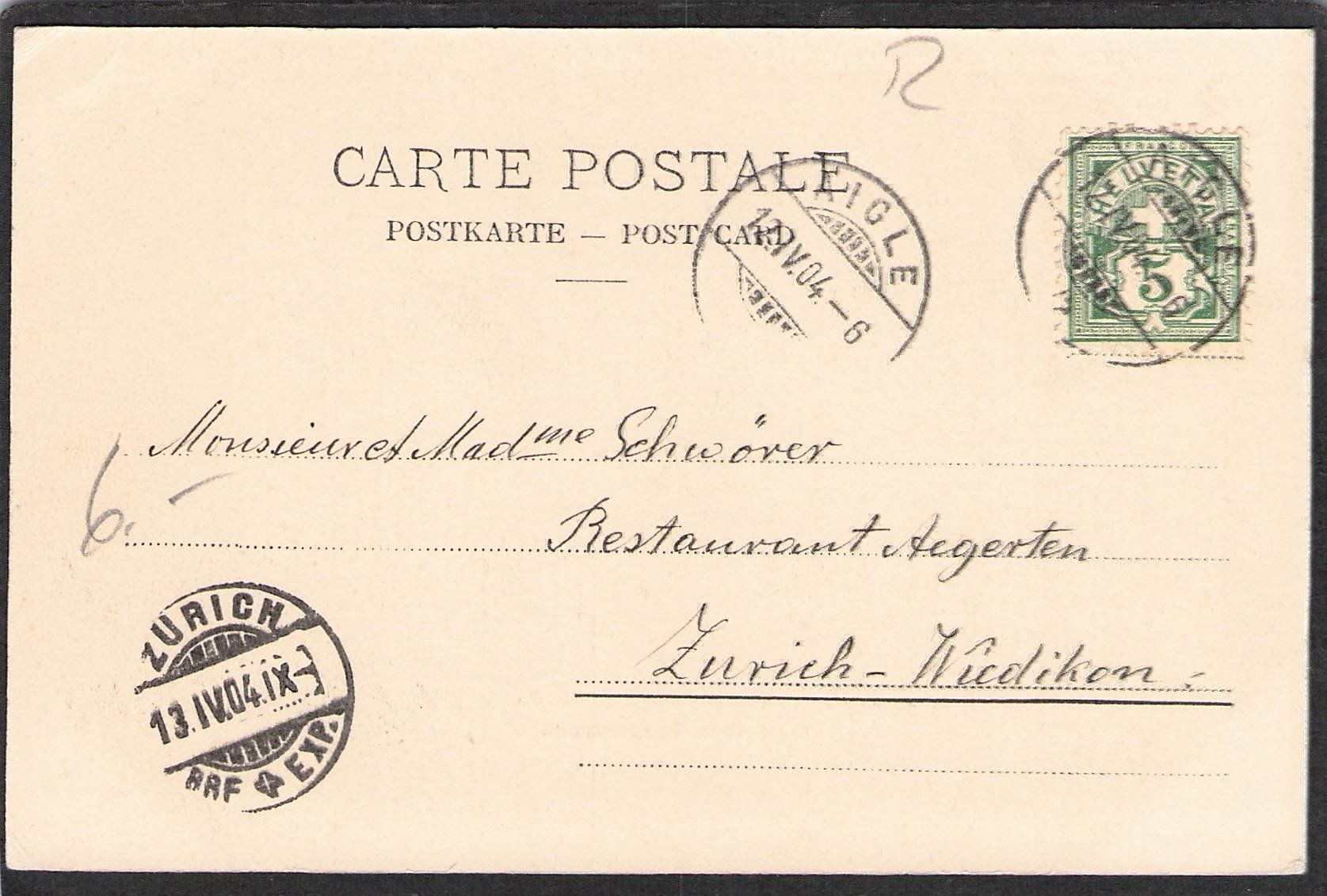 Cartoline postali: ,Aigle et le Chamossaire , 1904 – Usato da Reichenburg venduto da ibiza18 1
