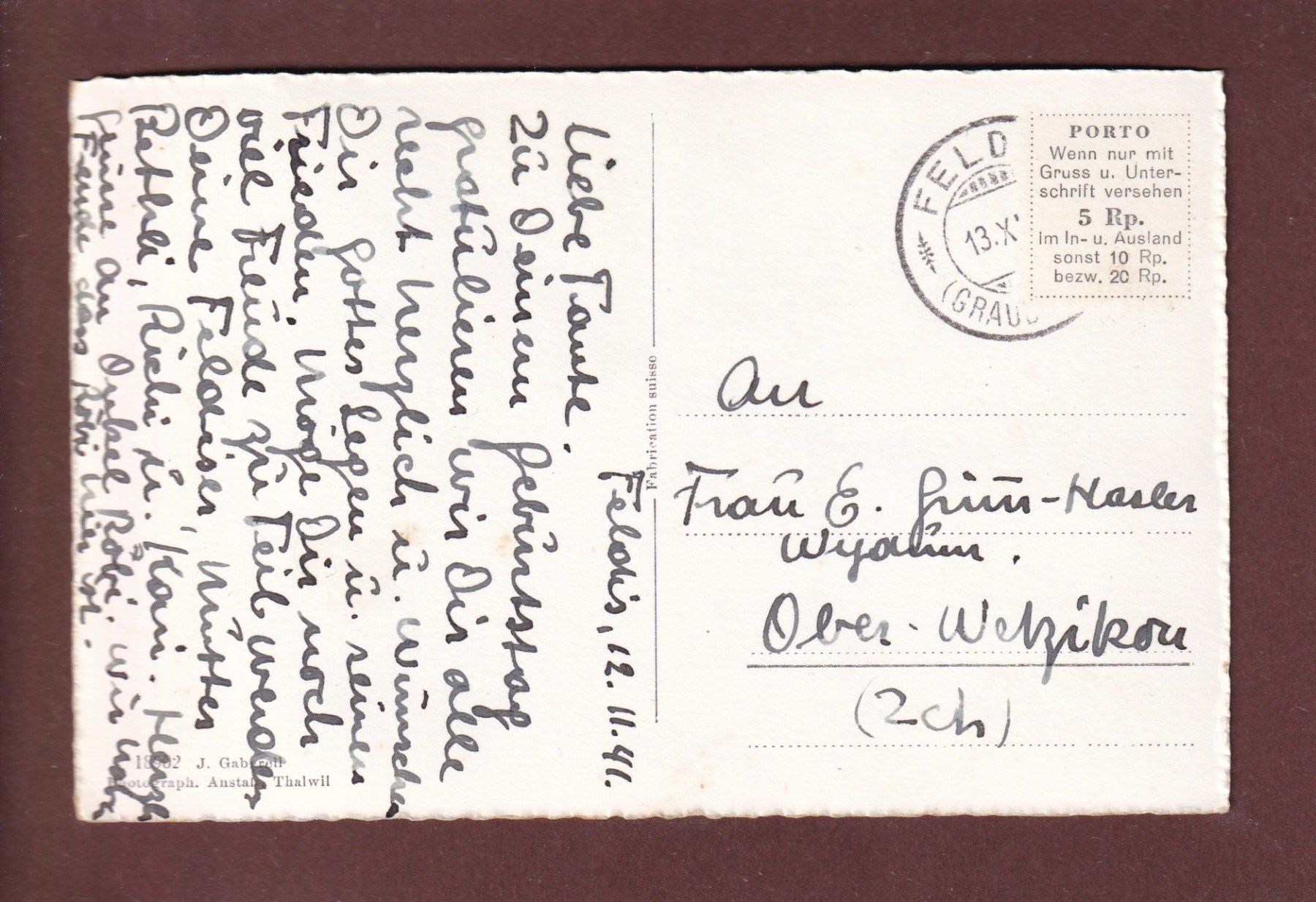 Cartoline postali: FELDIS - Kirche - 1941 – Usato da Pully venduto da nicecards 1
