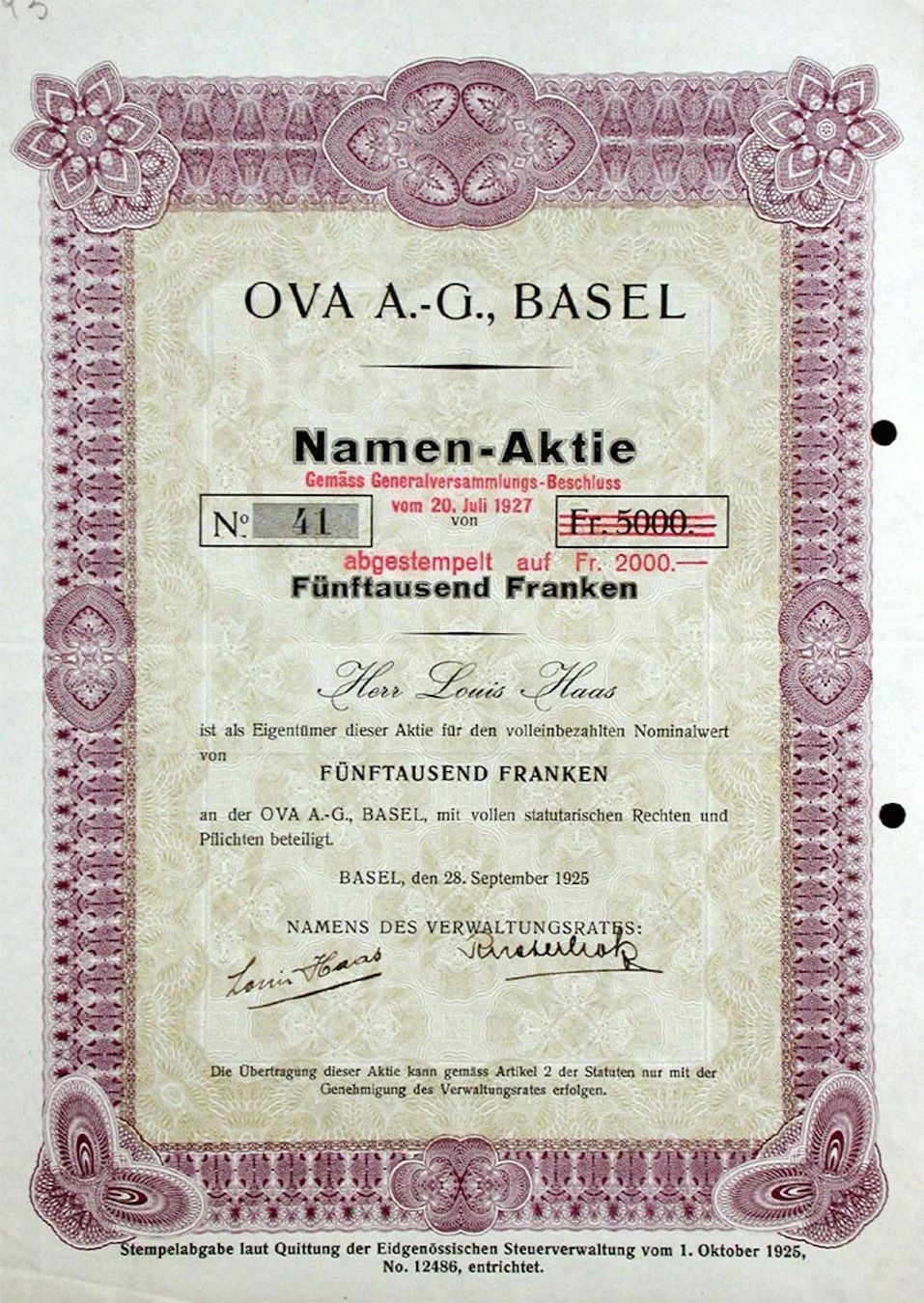 Documenti: OVA AG, Basel - 1925 – Usato da Solothurn venduto da Sgasche