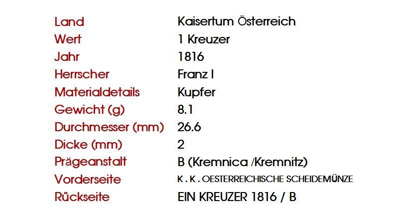 Tutti le monete: Ein Kreuzer 1816 B UNZ – Usato da Flamatt venduto da samowarow 1