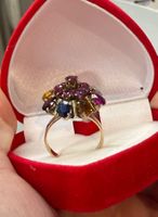Vintage Gold Ring mit bunten Steinen, Grösse 57, Top!