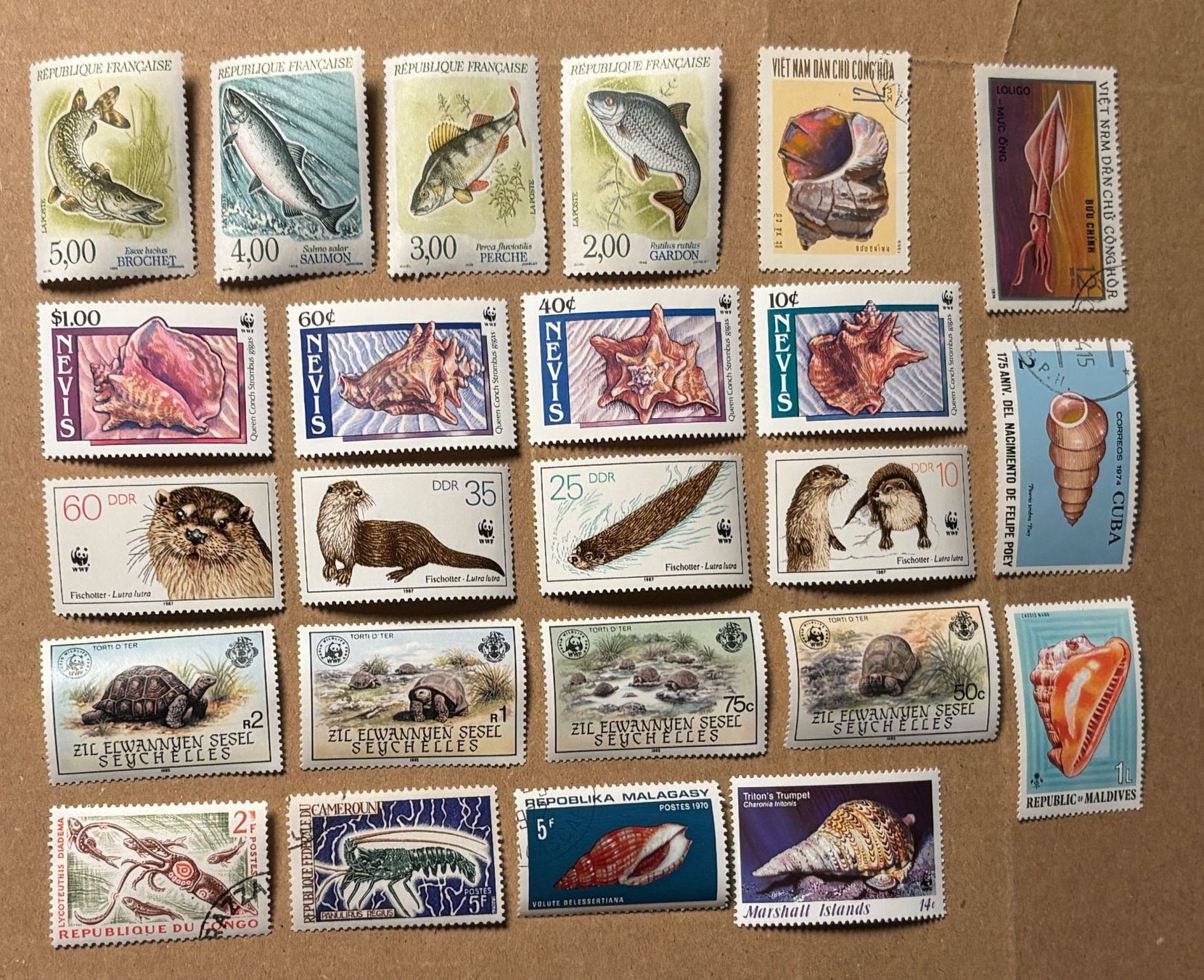 Alle Briefmarken: 24 versch. Briefmarken div. Länder mit Fischen Wassertiere – Gebraucht aus Baar von bricksandmore