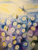 Original Aquarell Puste Blumen Löwenzahn Libelle