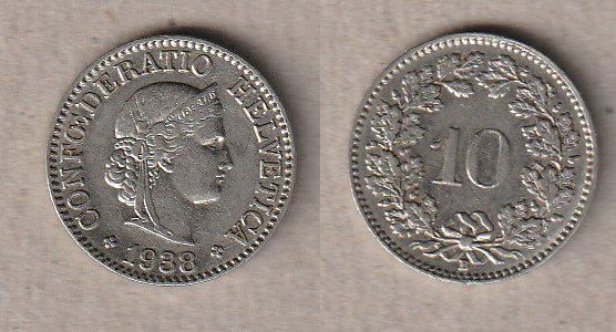 Tutti le monete: 10 Rappen 1938 Nickel – Usato da Allschwil venduto da Coinfreak