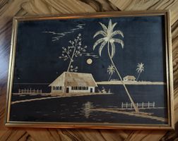 Tableau en marqueterie de paille, motif exotique, doré