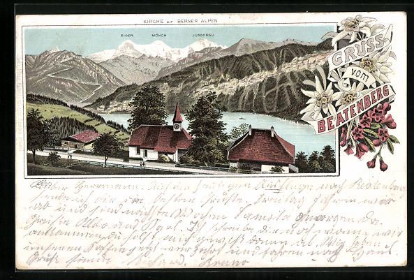Cartoline postali: Litho Beatenberg, Kirche mit Berner Alpe – Usato da Berlin venduto da bartko-reher