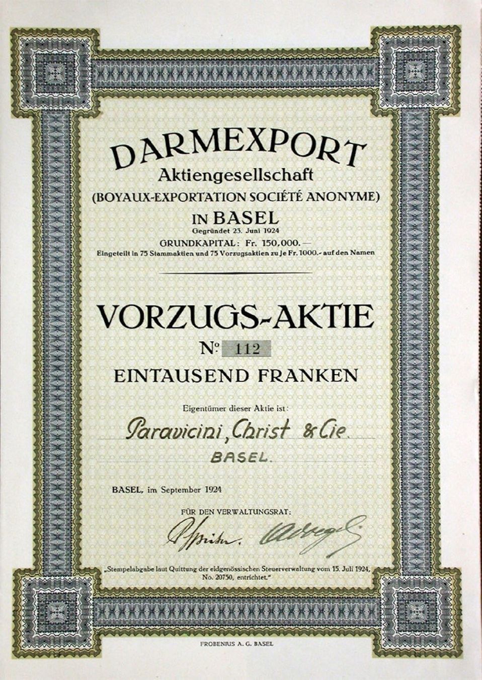 Documenti: Darmexport AG in Basel - 1924 – Usato da Solothurn venduto da Sgasche