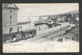 Rorschach Hafeneinfahrt mit Schiffen und Bahnhof