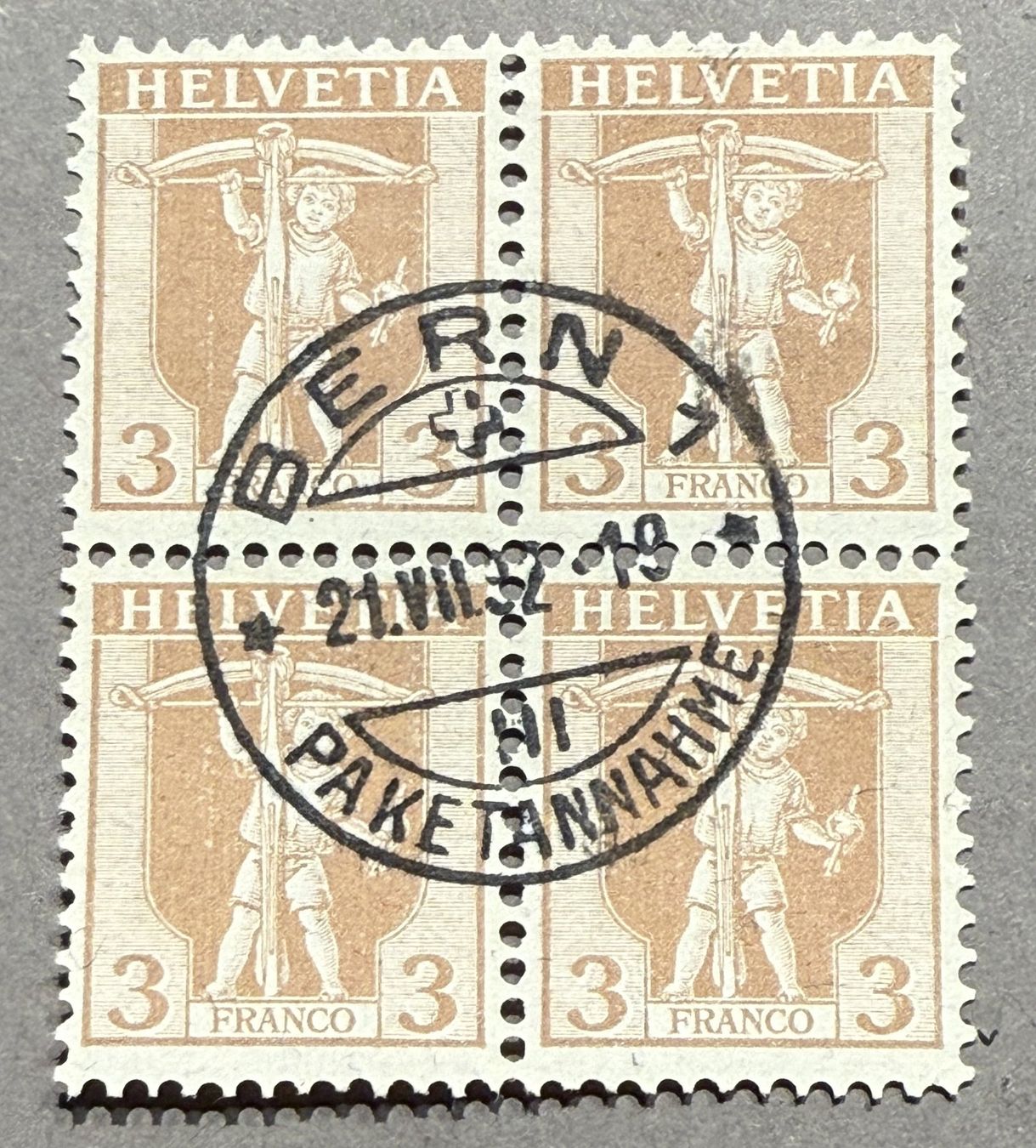 Alle Briefmarken: 102 Viererblock Bern 1 SBK 90.- – Gebraucht aus Steinhausen von yukon26