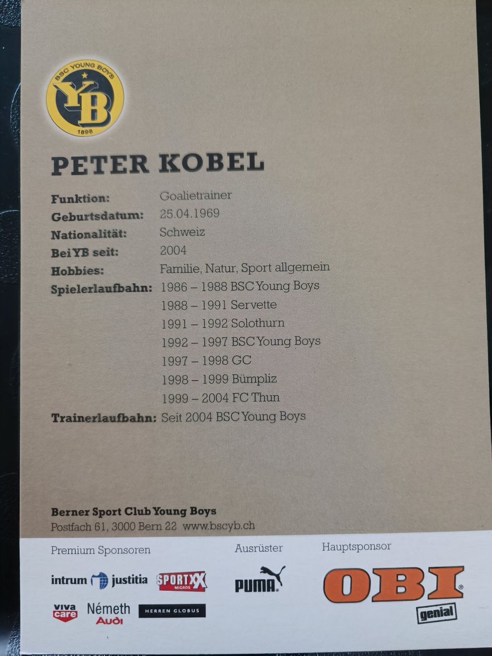 Autogramme: Peter Kobel - YB Bern - handsignierte Karte – Gebraucht aus Menziken von Artographs 1