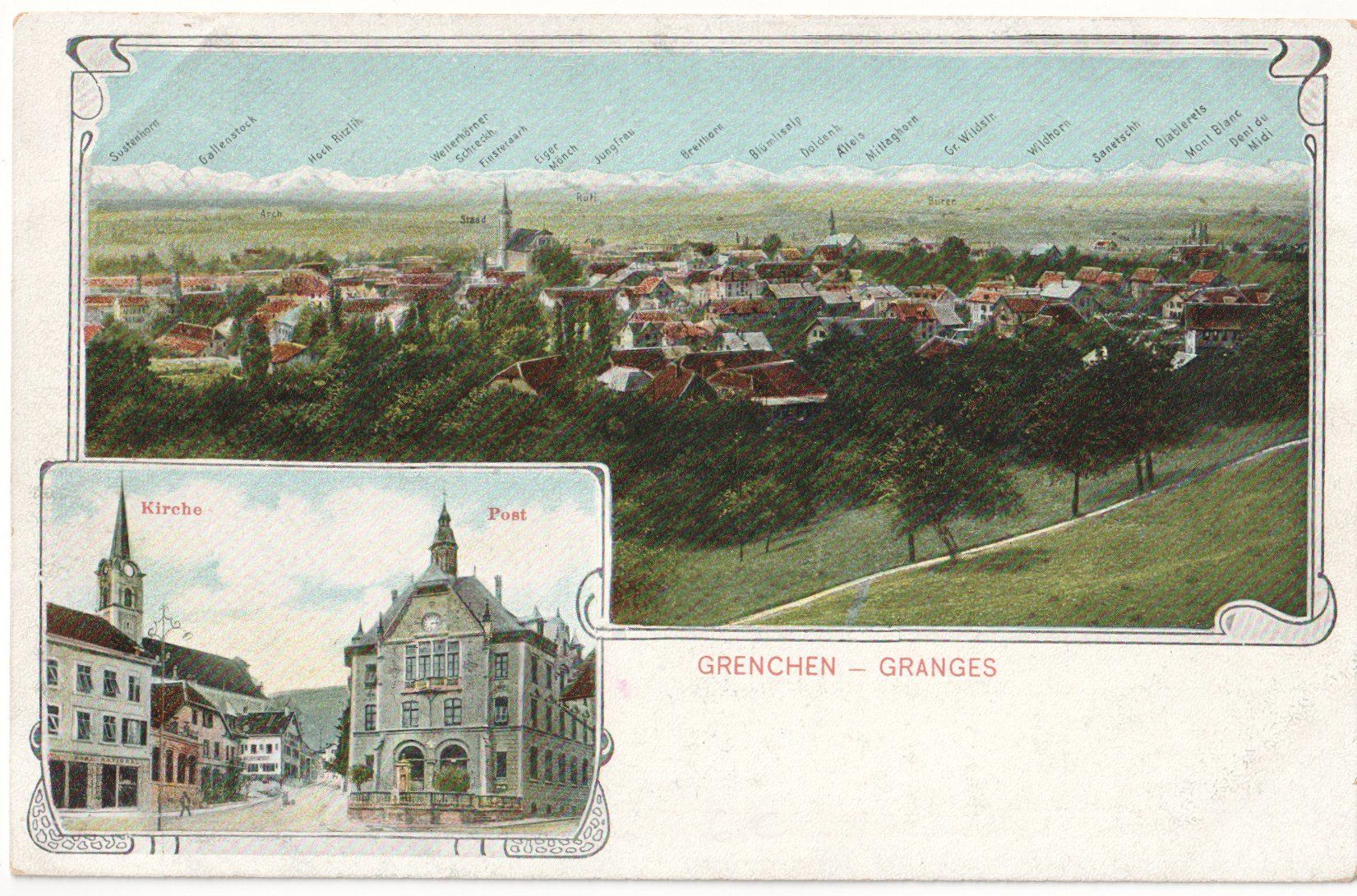 Ansichtskarten: GRENCHEN: 2Bild-AK mit Post und Stadt-/Bergpanorama ~1910 – Gebraucht aus Engelburg von Swisscards