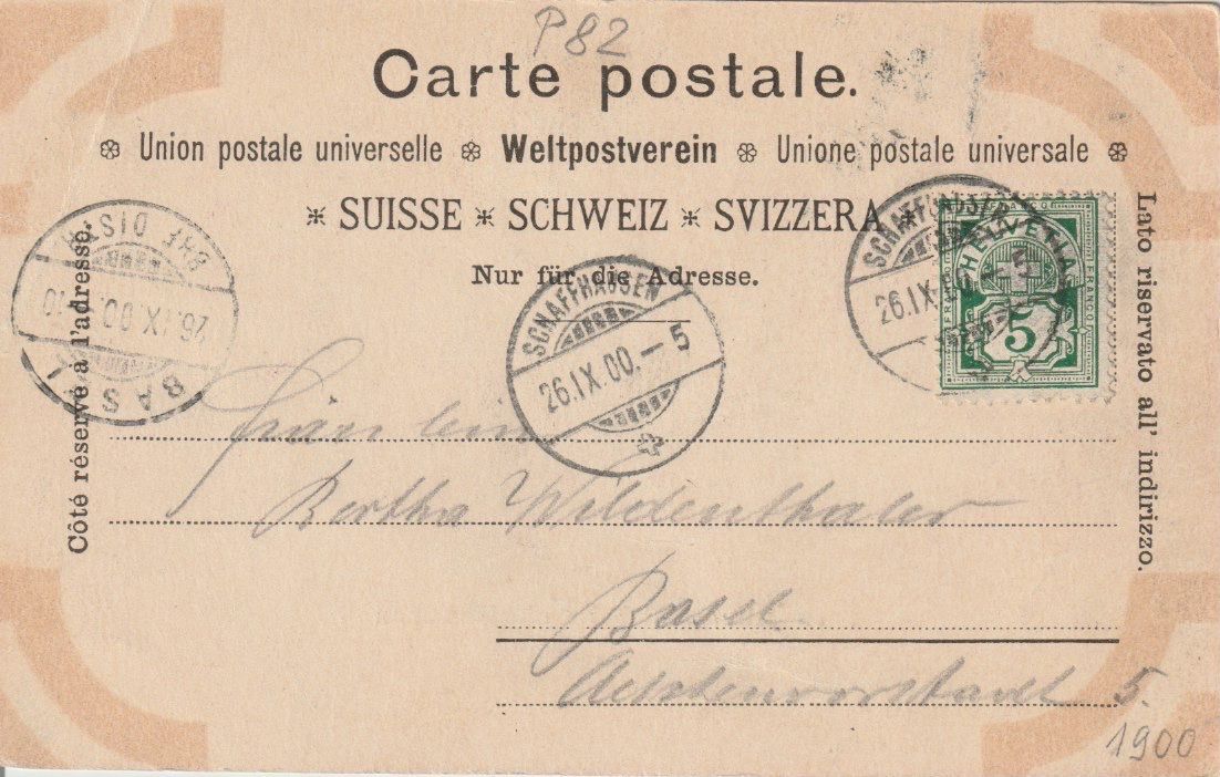 Cartoline postali: P 82 Der Rheinfall bei Schaffhausen, 1900 – Usato da Freienbach venduto da Bhaltis 1