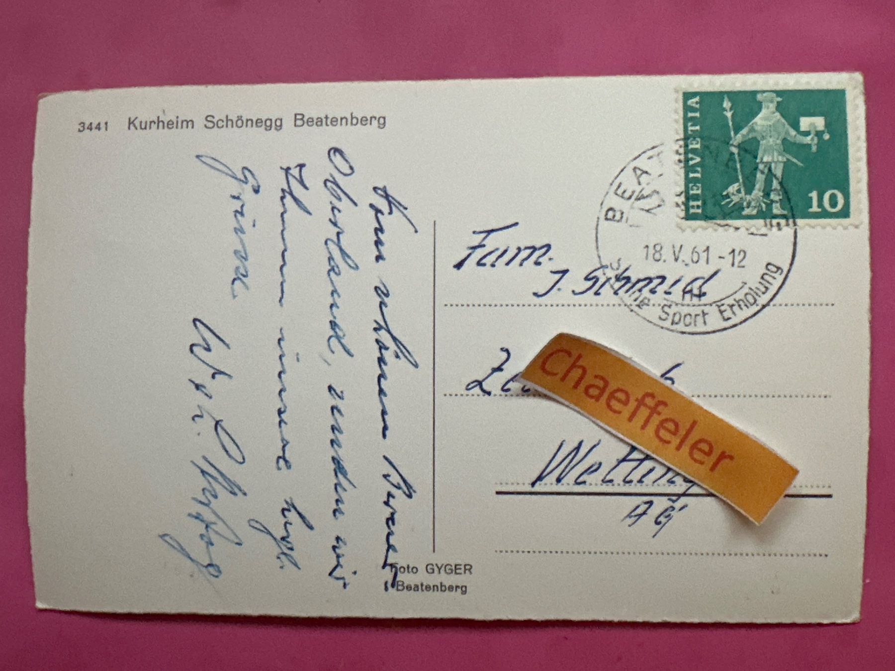 Cartoline postali: 1961 3441 Kurheim Schonegg, Beatenberg – Usato da Zürich venduto da Chaeffeler 1
