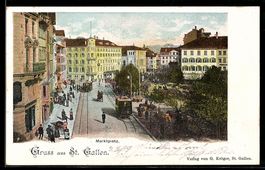 AK St. Gallen, Marktplatz mit Strassenbahnen und Leuten
