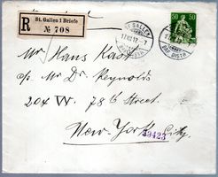 1912 EINSCHREIBEN ST.GALLEN NACH NEW YORK SITZENDE HELVETIA