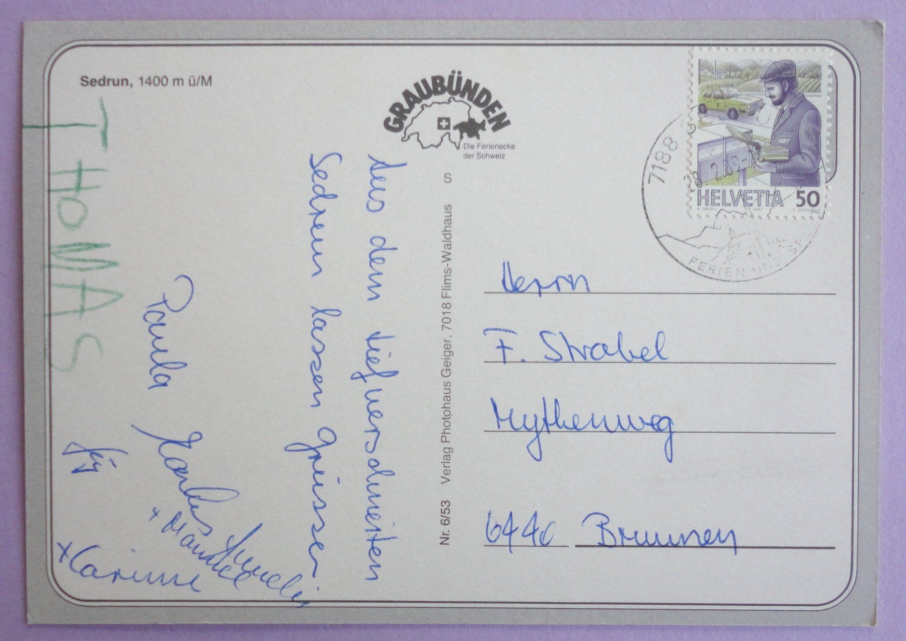 Cartes postales: Sedrun, 1400 m ü/M – D'occasion à Fétigny par Billy2miny 1
