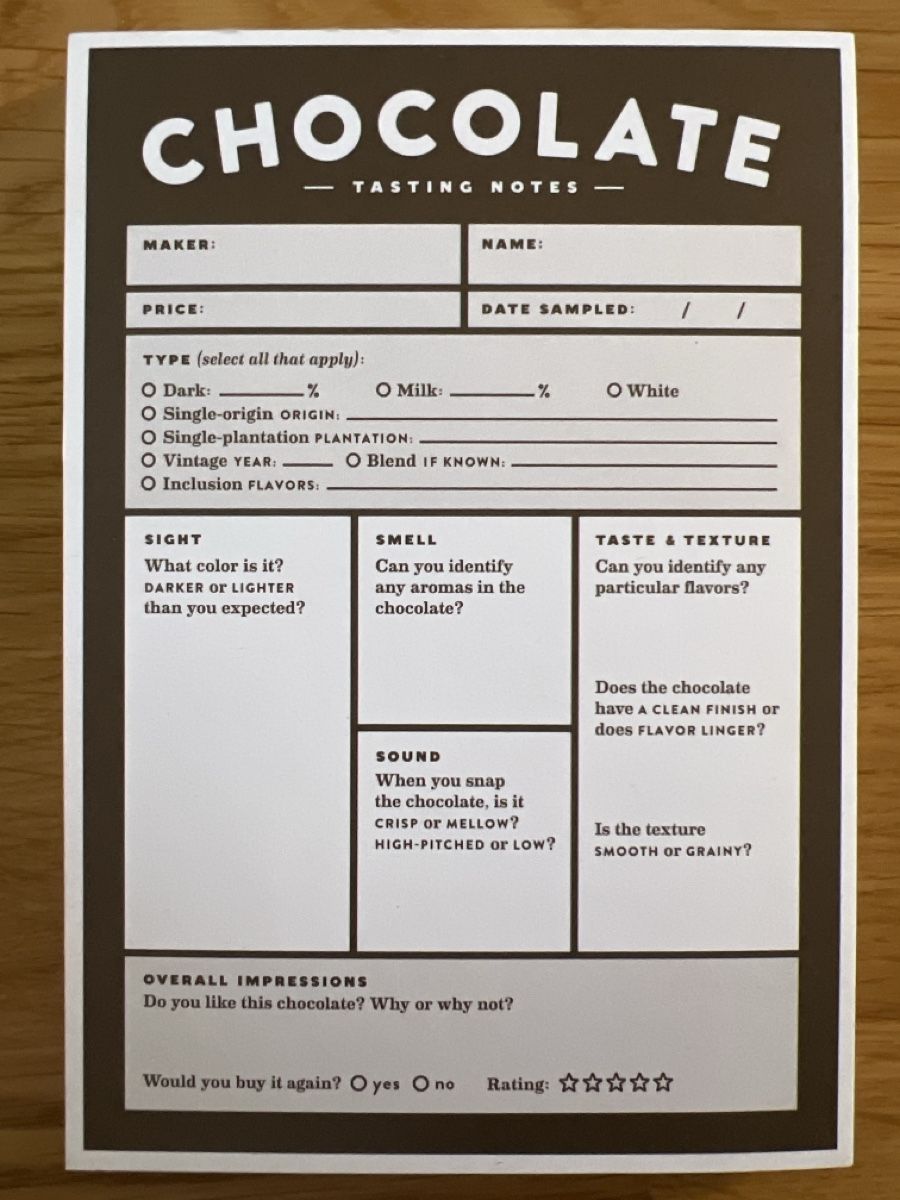 Giochi: Chocolate Tasting - 100 sheet tasting notepads – Usato da Basel venduto da clembou 1