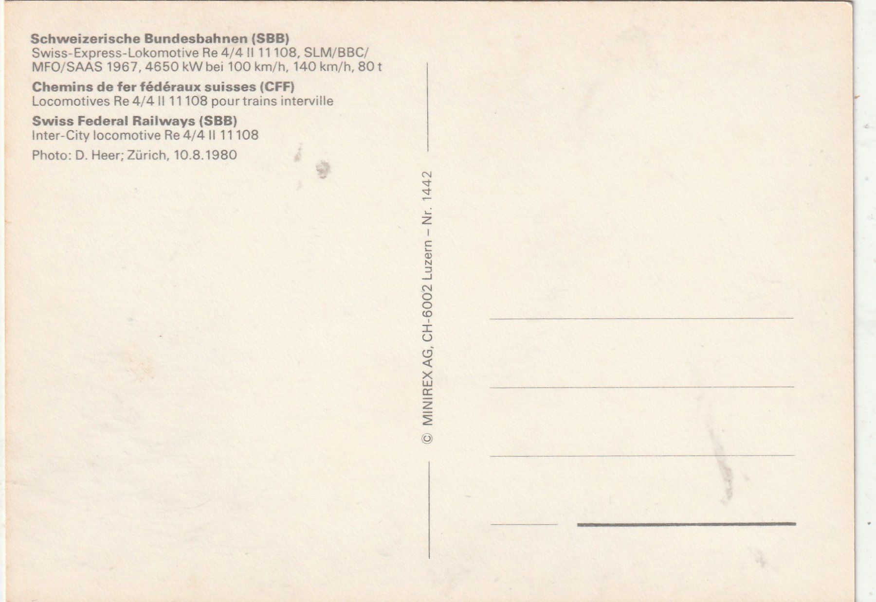 Cartoline postali: Schweizer  Bundesbahnen 1980 – Usato da Lumbrein venduto da made02 1