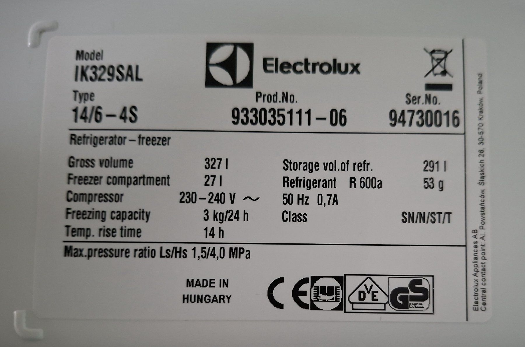 Electrolux Frigoriferi: Einbaukühlschrank Electrolux IK329SAL – Usato da Ziefen venduto da MullerD 6