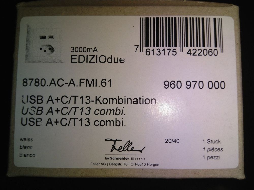 UP-Steckdose USB Typ A+C + Typ 13 Feller EDIZIOdue FMI 230V 3000mA