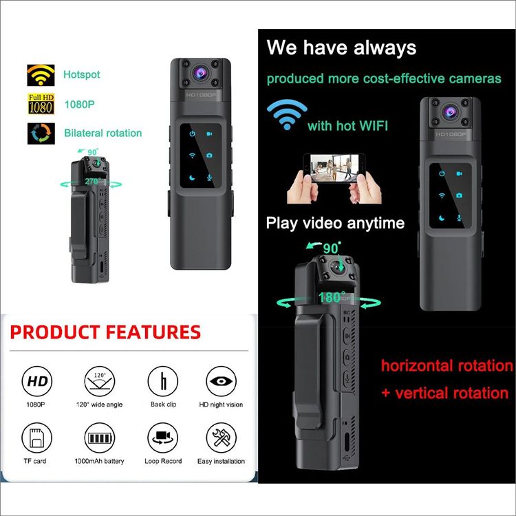 Body Cam Professionale 1080P - Telecamera Portatile Con Visione Notturna E Rotazione 180°