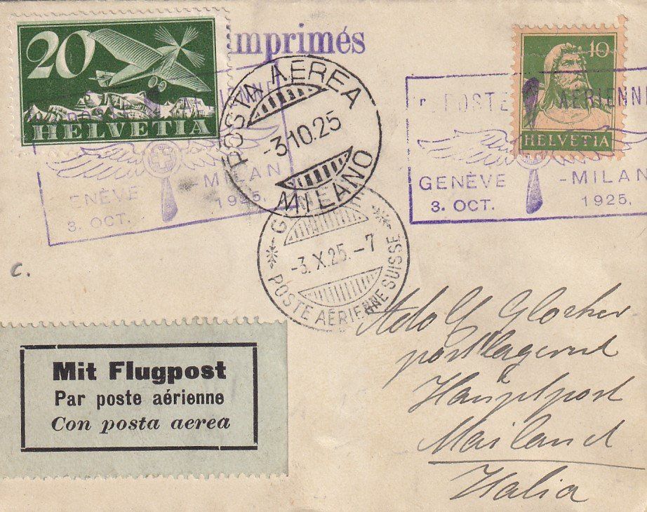 Tutti i francobolli: Versuchsflug Genève - Lausanne - Sion - Mailand 1925 – Usato da Baar venduto da Asmara111