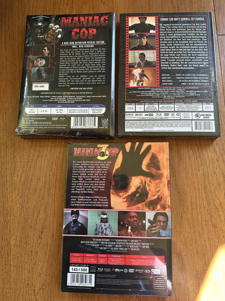 Tutti i DVDs: Maniac, Cop 1-3 Mediabook neu – Nuovo e nell'imballaggio originale da Benken ZH venduto da Audi-erich 1