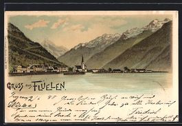 Litho Flüelen, Panorama vom See aus ges