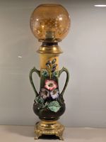 Antike Majolika Barbotine Tischlampe, mit Bronze und Glashut