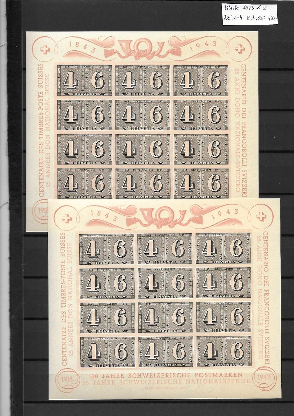 Tutti i francobolli: Block 1943 ** Serie No: 1 - 4 Kat: CHF 440.- – Nuovo (secondo la descrizione) da Basel venduto da Ilp
