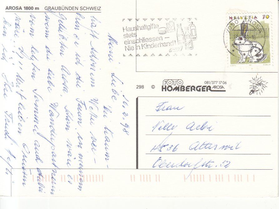 Cartoline postali: Arosa 1993 – Usato da Bürglen TG venduto da StampGraf 1