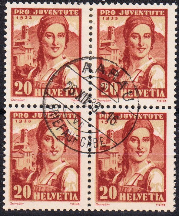 Alle Briefmarken: J67, Viererblock gestempelt Aarau – Gebraucht aus Basel von Bingis