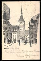 Aarau, Strassenansicht mit Uhrturm u. Ge