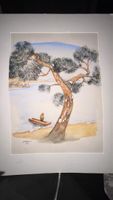 Aquarell Boot am Baum signiert datiert 1995