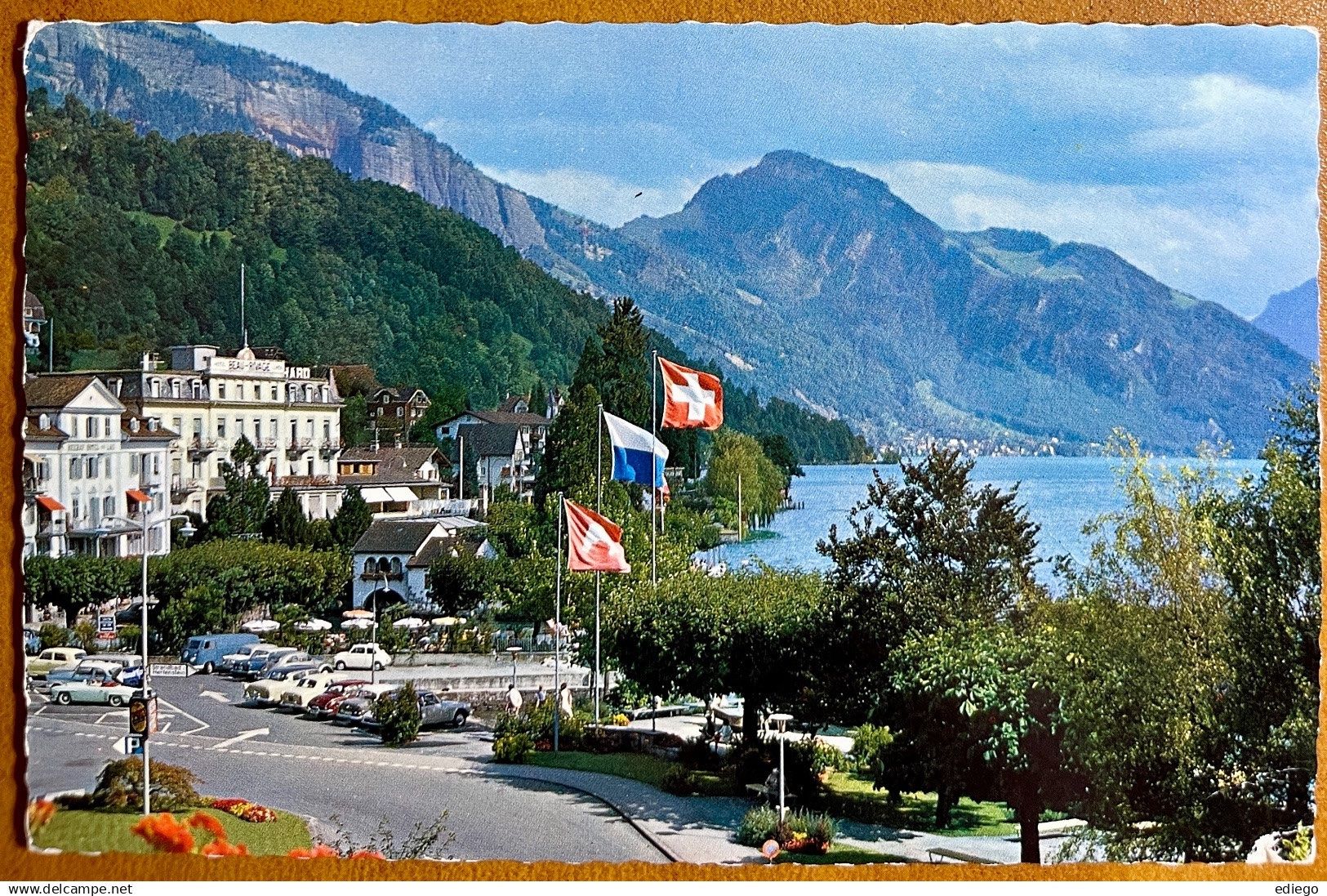 Cartoline postali: WEGGIS  - Parking - Hôtel Beau-Rivage 1966 – Usato da Lutry venduto da Ediego
