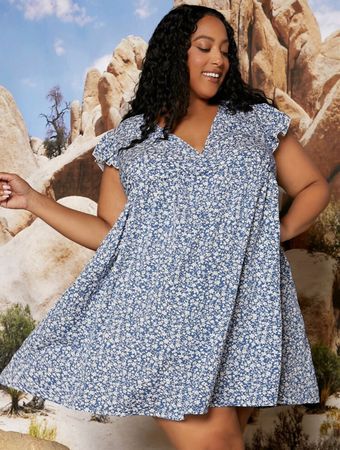 Blumenkleid blau / weiss Gr. 54 / 56