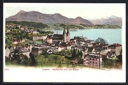 Luzern, Hofkirche und die Alpen aus der 