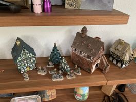 Handgefertigte Keramik-Teelichthäuser Fachwerk + Weihnachtsd