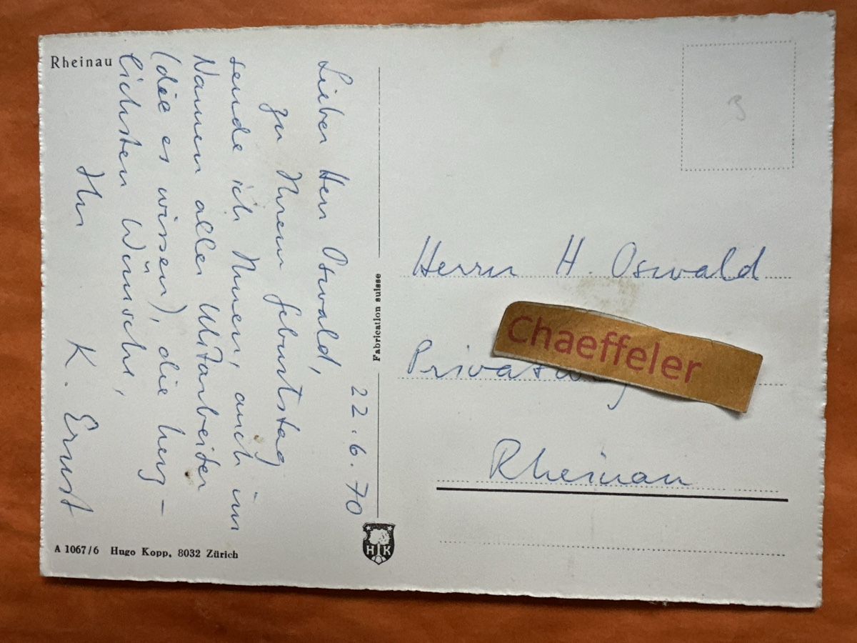 Cartoline postali: 1970, Rheinau ZH – Usato da Zürich venduto da Chaeffeler 1