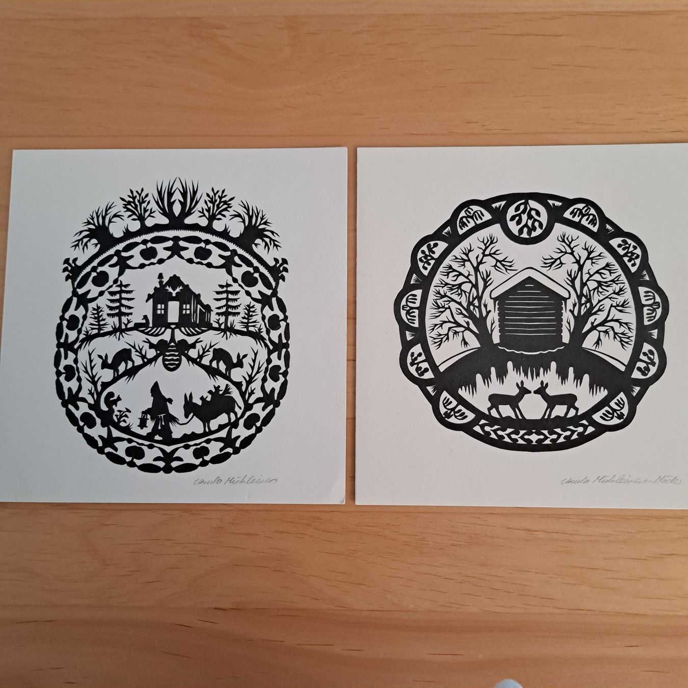 Grafiken & Lithographien: 2 Scherenschnitt Kunstkarten  U. Mühleisen – Gebraucht aus Grüningen von Tappio