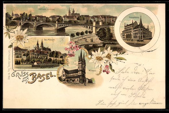 Ansichtskarten: Litho Basel, Wettsteinbrücke, Münster, – Gebraucht aus Berlin von bartko-reher
