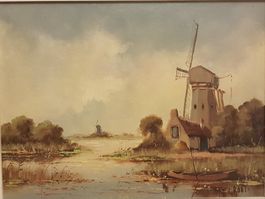 Ölgemälde De Groot - Holländische Windmühle am Fluss